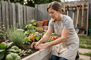 Femme jardinant dans un potager surélevé en bois avec des herbes et légumes, portant un tablier en lin, ambiance jardin pratique et authentique