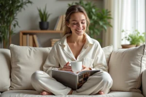 Femme détendue lisant un magazine dans un salon lumineux