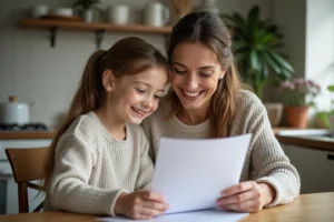 Femme et fille discutant d'un document à la cuisine
