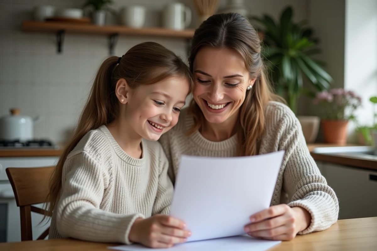 Femme et fille discutant d'un document à la cuisine