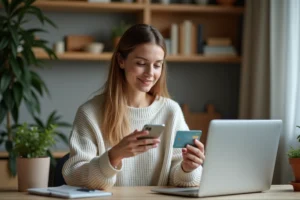 Femme détendue utilisant smartphone et carte virtuelle à domicile