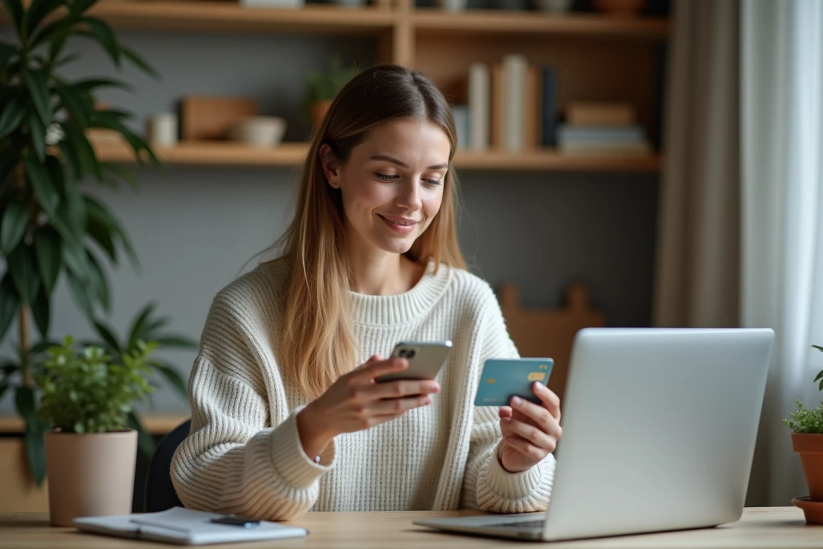 Femme détendue utilisant smartphone et carte virtuelle à domicile