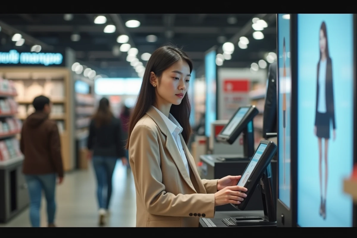 Femme en blazer effectuant un paiement à la caisse en magasin
