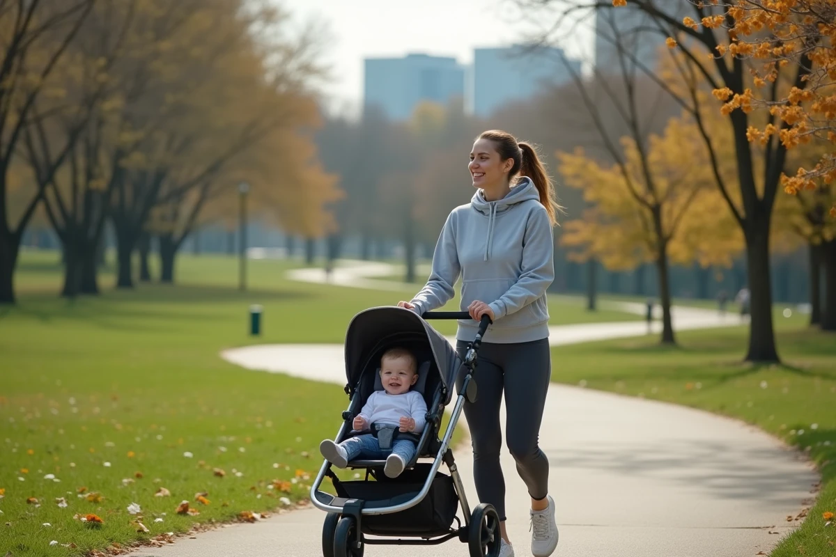 Femme active poussant une poussette dans un parc urbain