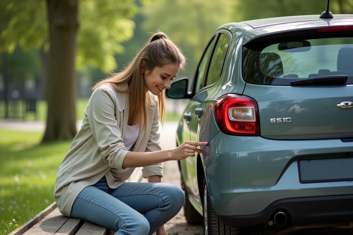 Jeune femme examinant un pneu à côté de sa voiture dans un parc
