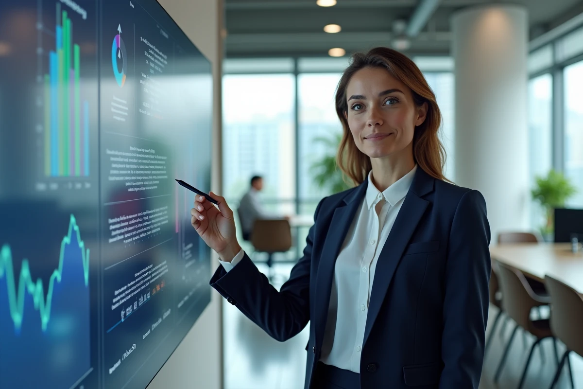 Femme professionnelle présentant des solutions business innovantes sur un écran interactif dans un bureau moderne