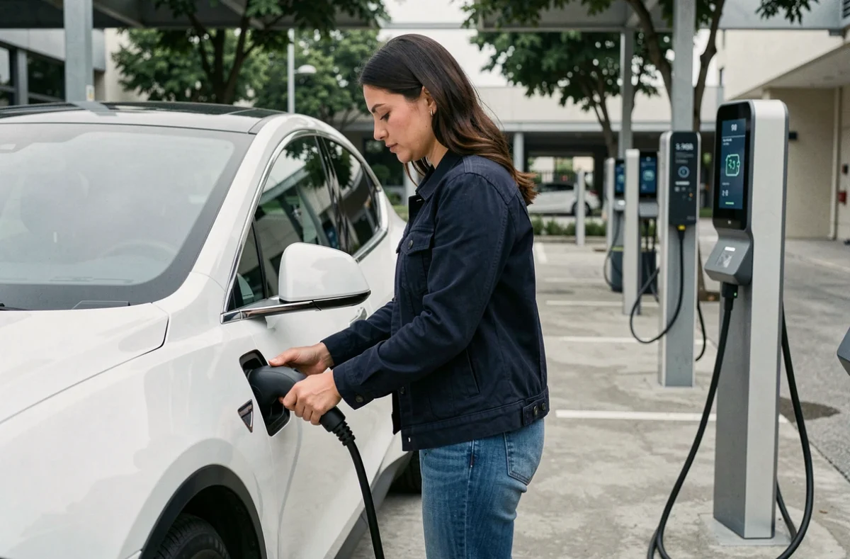 Femme branchant un câble de recharge sur une voiture électrique blanche dans un parking urbain équipé de bornes de recharge