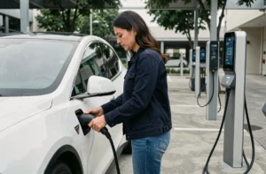 Femme branchant un câble de recharge sur une voiture électrique blanche dans un parking urbain équipé de bornes de recharge