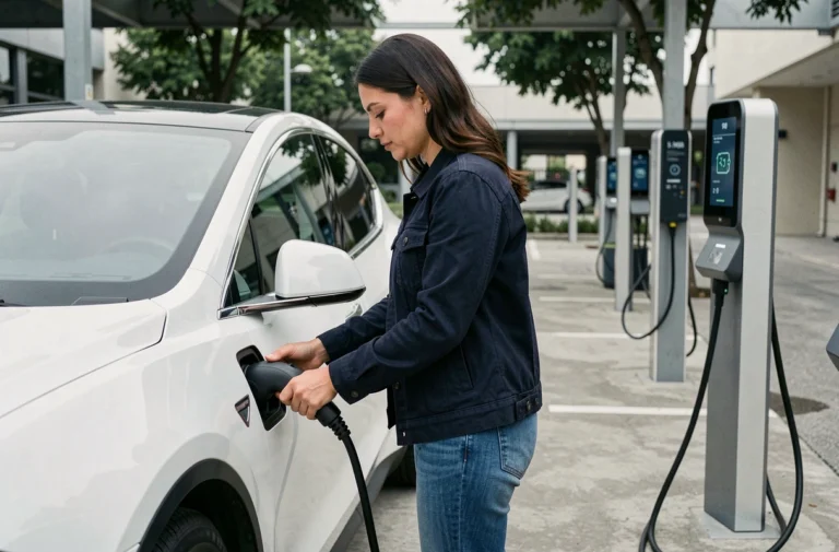 Femme branchant un câble de recharge sur une voiture électrique blanche dans un parking urbain équipé de bornes de recharge