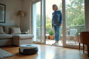 Femme souriante regardant un robot de nettoyage de fenêtres dans un salon moderne