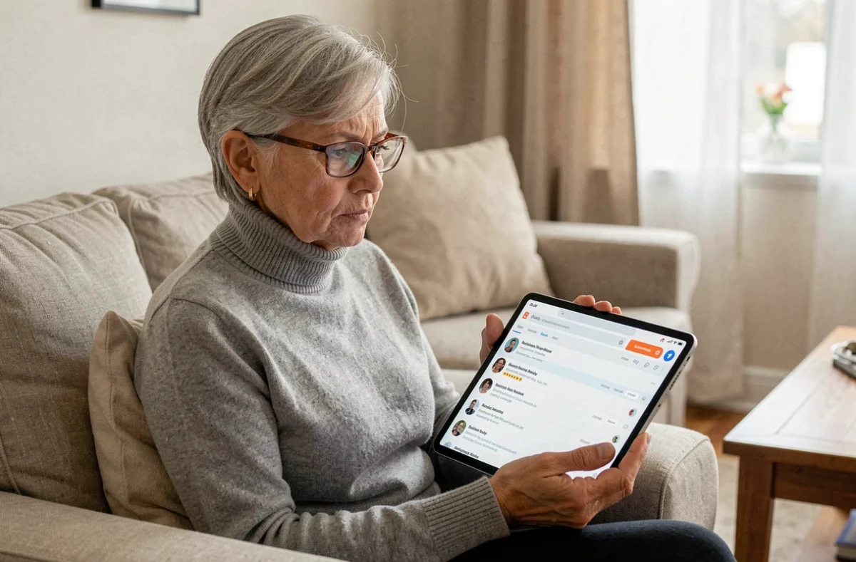 Femme âgée lisant ses emails sur une tablette dans son salon confortablement installée