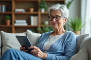Femme senior avec tablette dans un salon lumineux