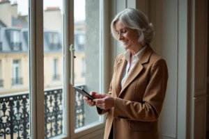 Femme souriante utilisant une tablette dans un appartement parisien