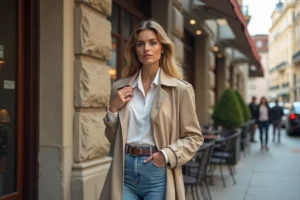 Femme élégante en trench beige dans une rue urbaine