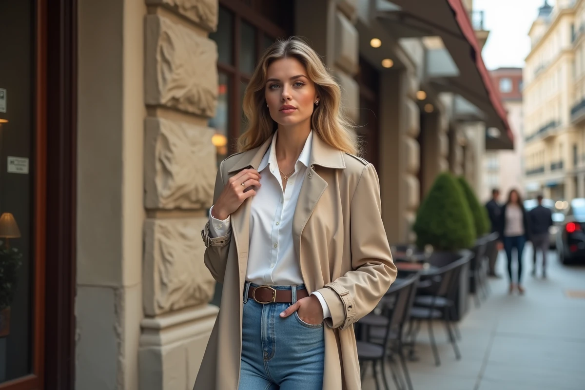 Femme élégante en trench beige dans une rue urbaine