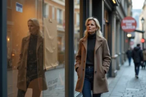 Femme regardant une boutique fermée avec nostalgie