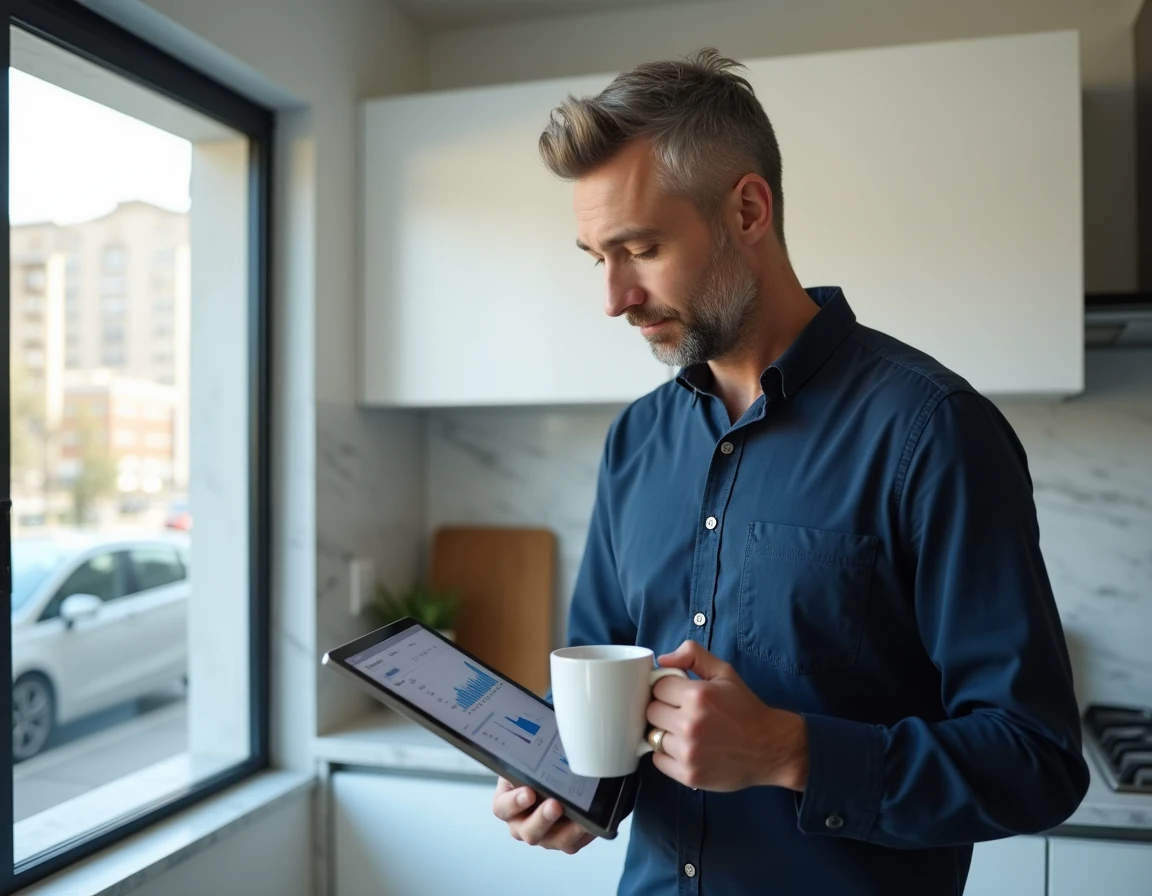 Homme consultant son compte bancaire en ligne sur une tablette dans une cuisine moderne
