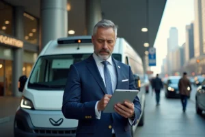 Manager logistique en costume bleu près d’un van électrique urbain