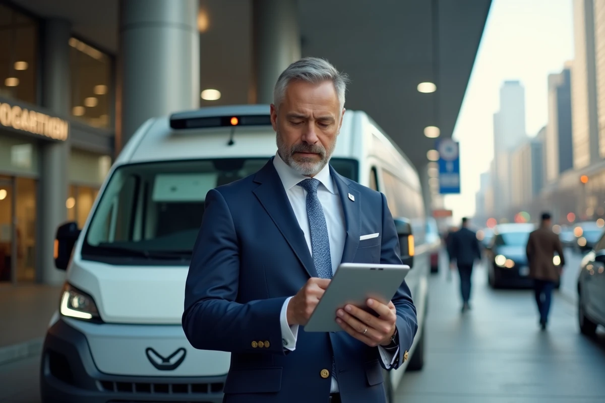 Manager logistique en costume bleu près d’un van électrique urbain