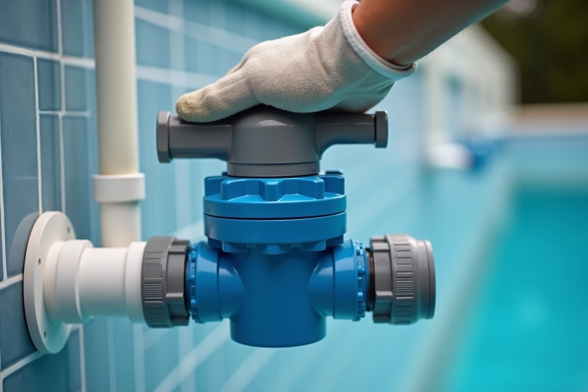 Gros plan sur une vanne multivoie en position filtration avec connexion de prise balai pour aspirateur de piscine