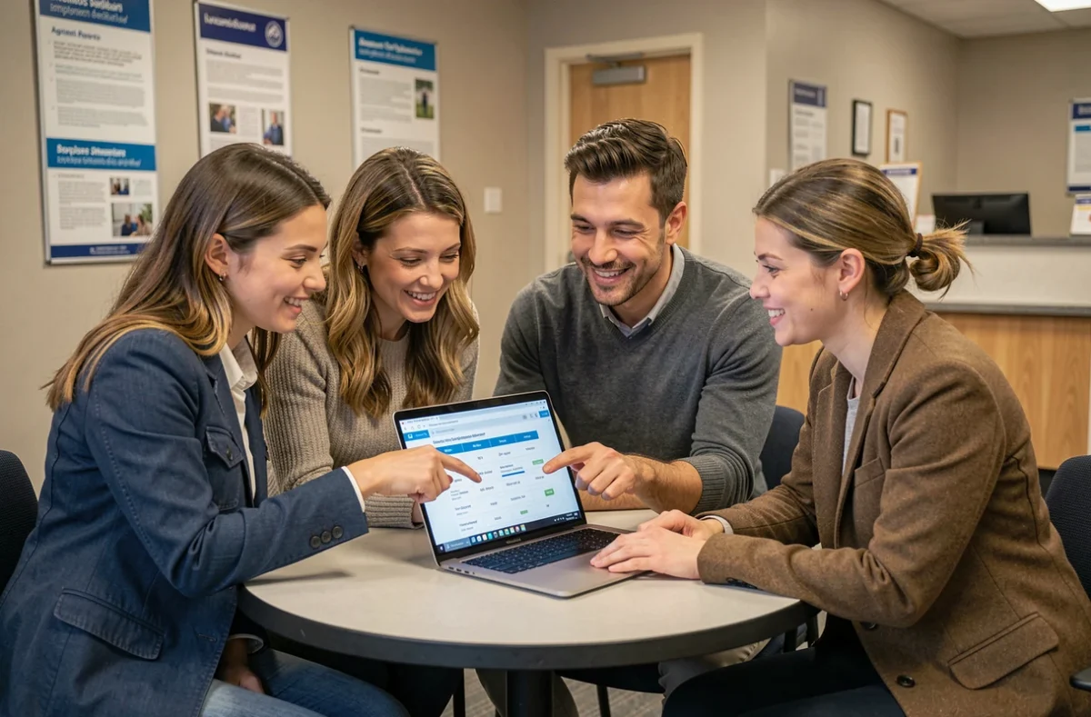 Groupe de demandeurs d'emploi consultant des agences de recrutement ensemble sur un ordinateur portable