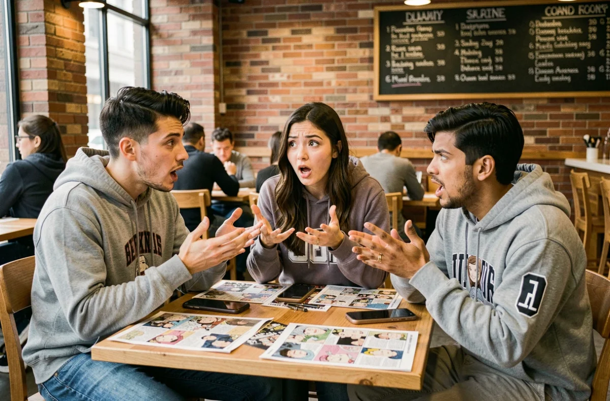 Groupe de fans discutant des révélations controversées du chapitre 1141 de One Piece dans un café