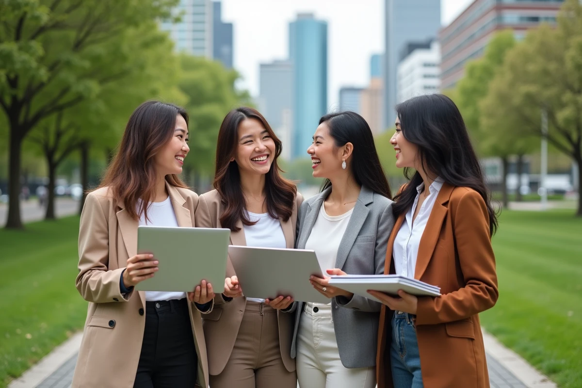 Groupe de femmes discutant dans un parc urbain ensoleille