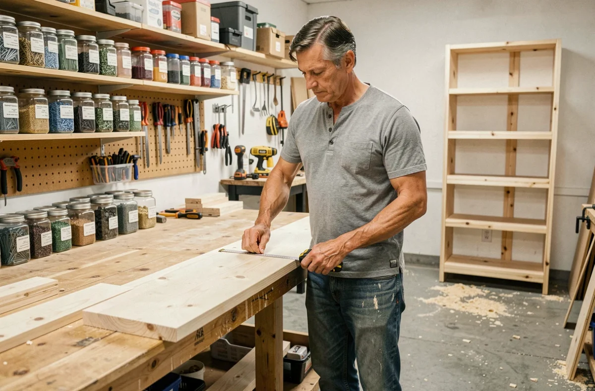 Homme mesurant une planche en bois dans un atelier de bricolage organisé, avec outils et établi, ambiance DIY authentique et pratique