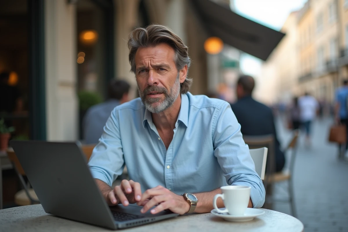 Homme au café en ville travaillant sur son ordinateur portable