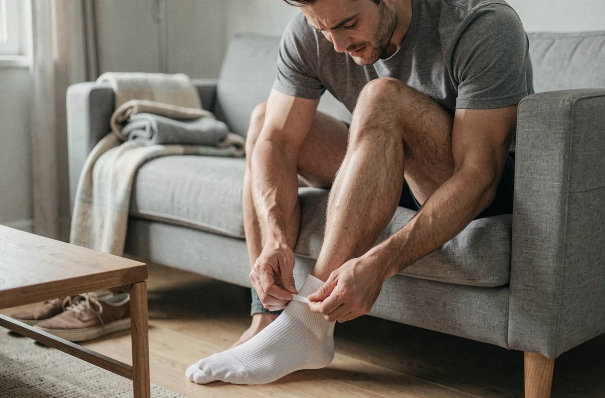 Homme essayant d'enfiler une chaussette trop serrée assis sur un canapé gris dans un salon