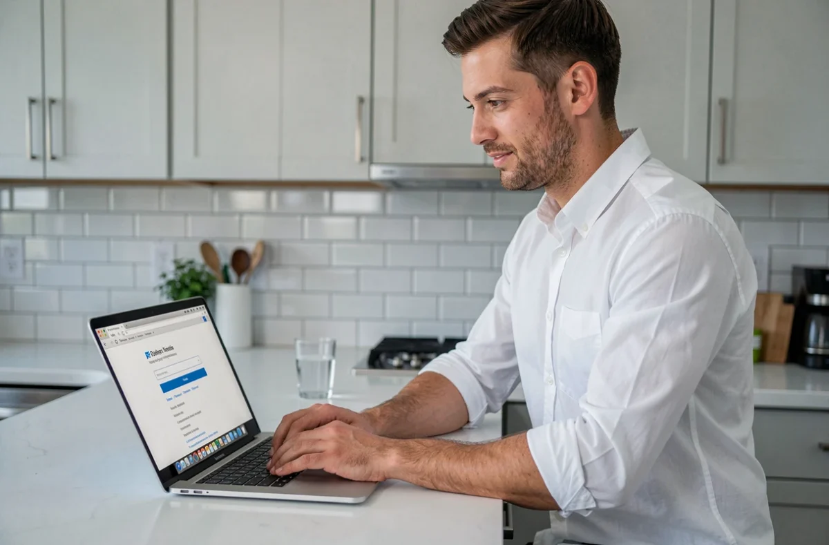 Homme consultant son webmail sur un ordinateur portable dans une cuisine moderne