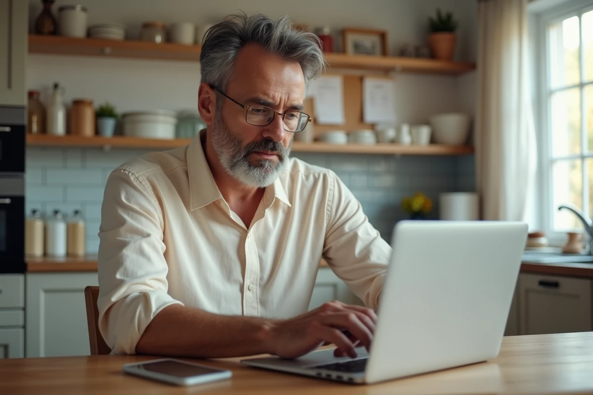 Homme d age moyen utilisant ordinateur et smartphone