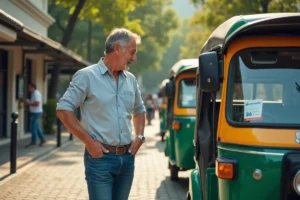Homme français inspectant un tuk tuk neuf coloré