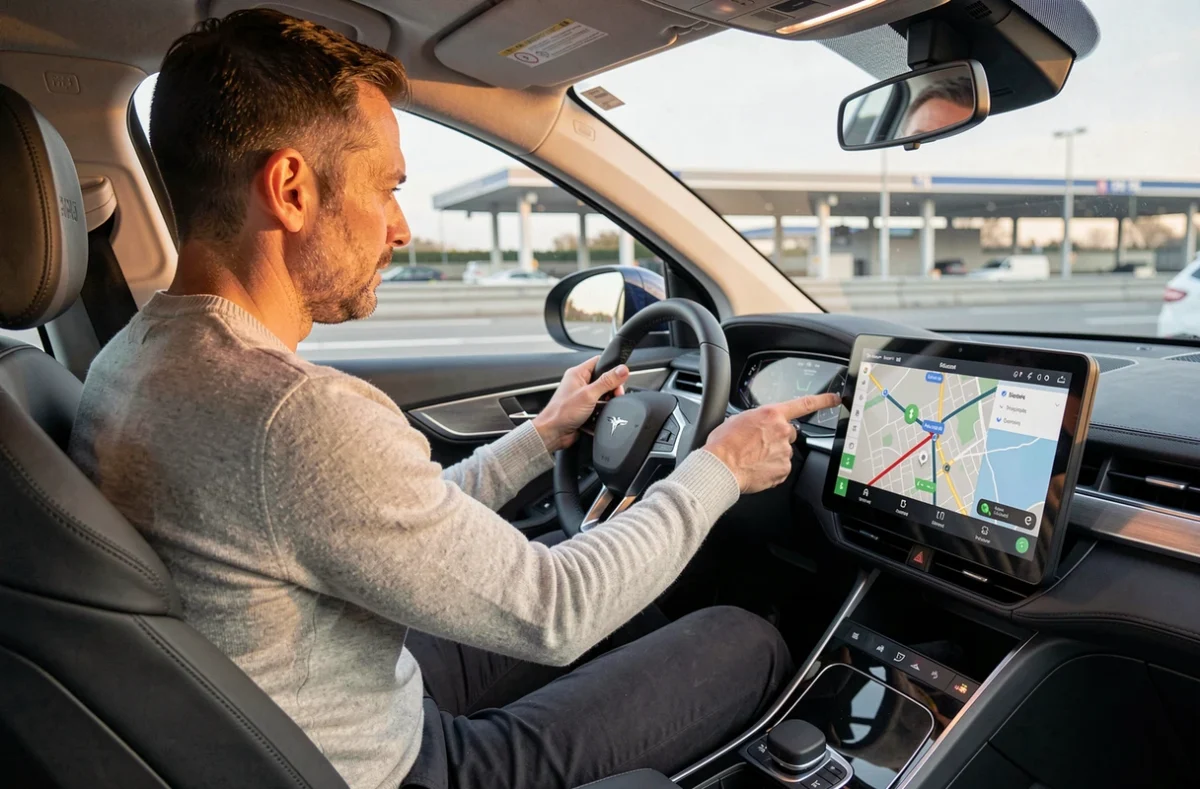 Homme consultant une application de calcul d'itinéraire pour voiture électrique sur l'écran tactile du tableau de bord d'un SUV électrique