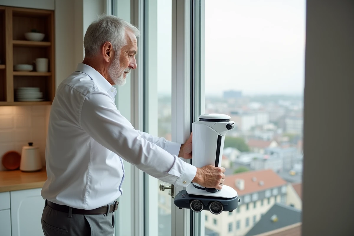 Homme âgé posant un robot de nettoyage sur une grande fenêtre urbaine