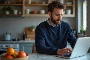 Homme en sweater bleu travaillant sur son ordinateur dans la cuisine