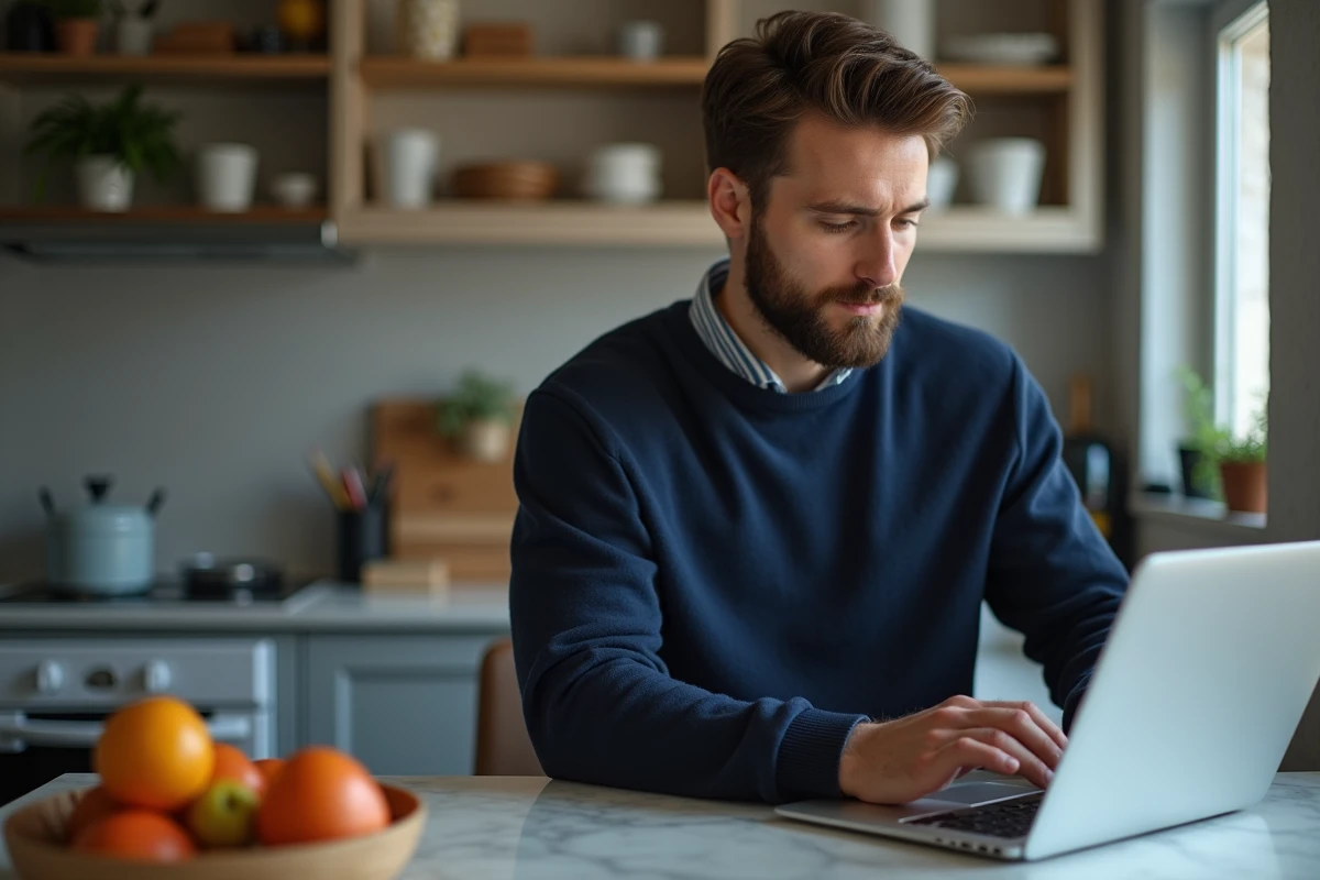 Homme en sweater bleu travaillant sur son ordinateur dans la cuisine