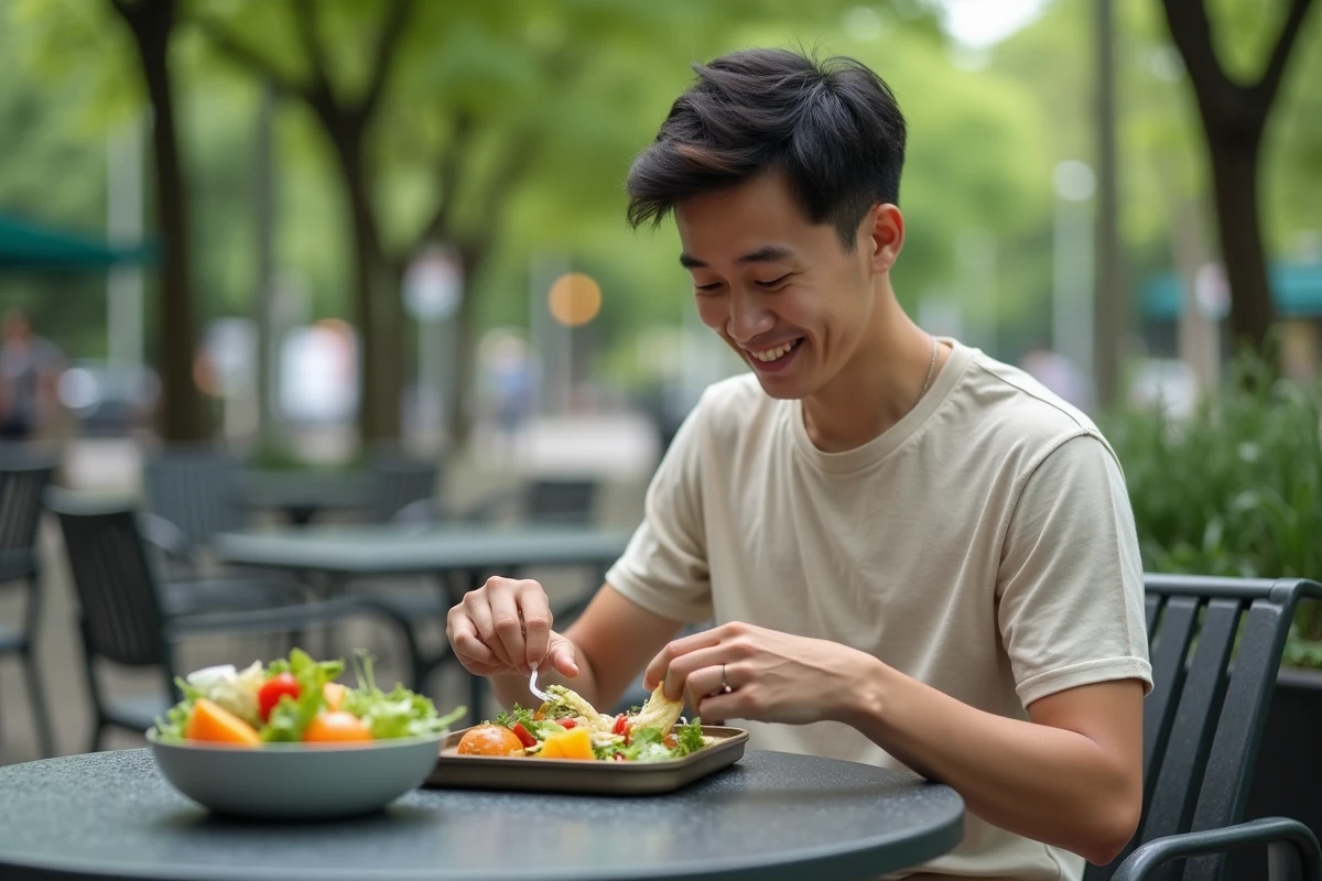 Jeune homme assemble une salade dans un café en plein air