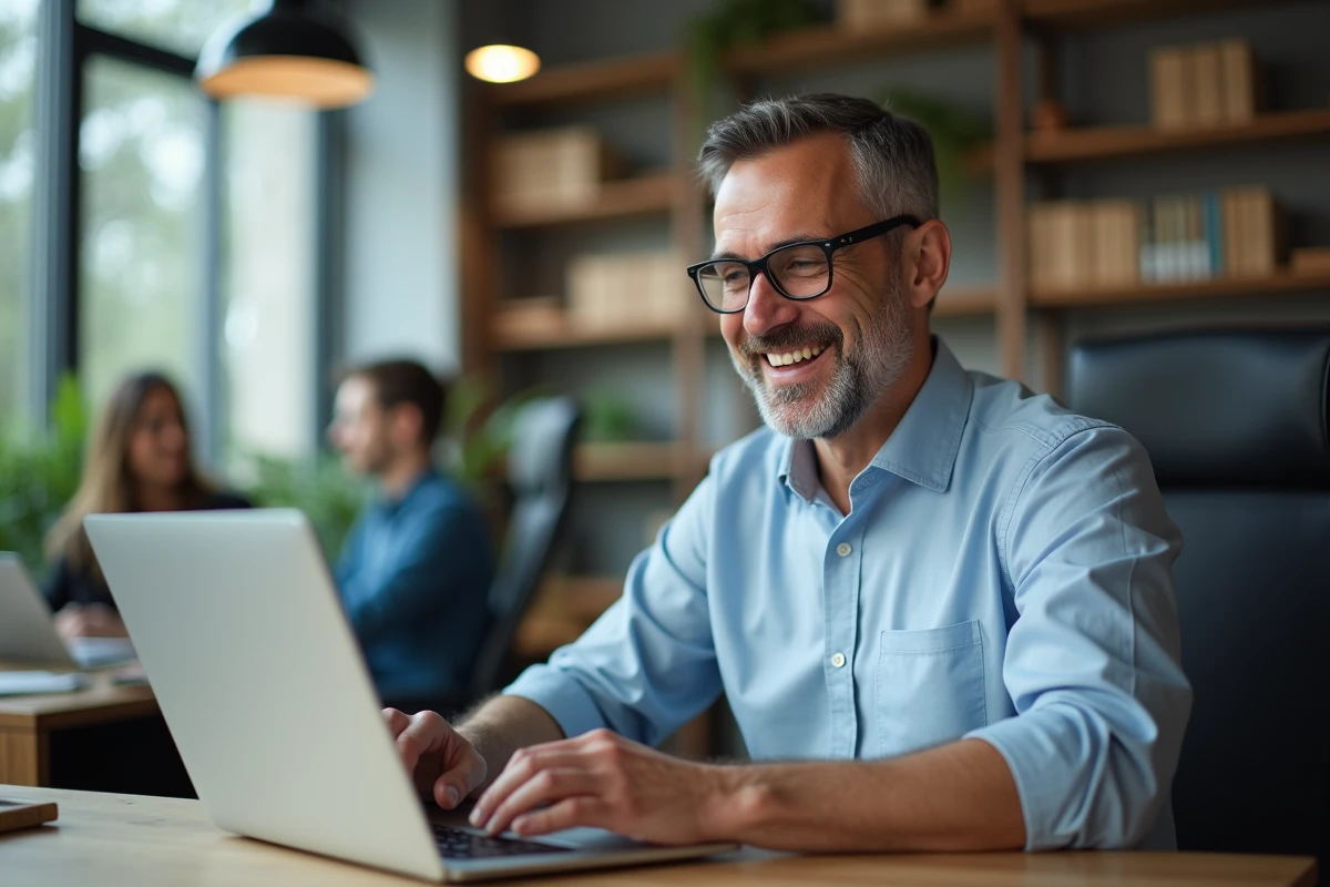 Homme souriant inscrivant un service de streaming sur son ordinateur