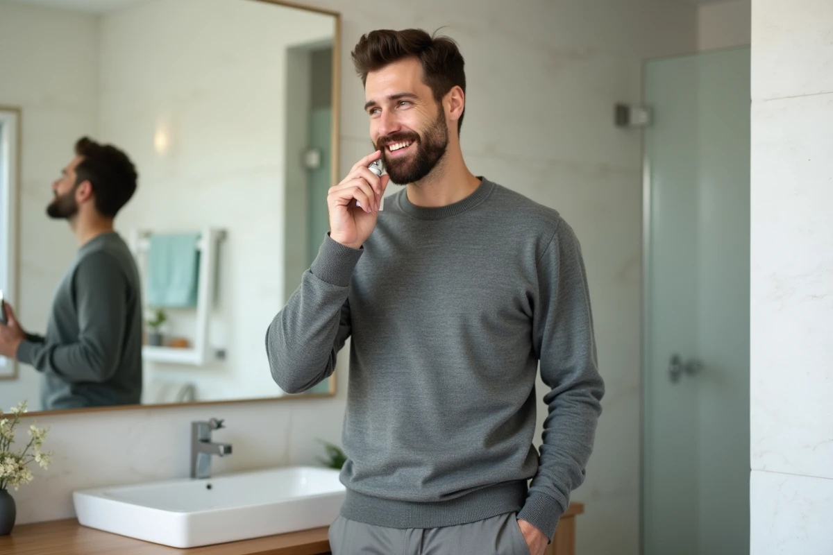 Homme appliquant une brume hydratante dans sa salle de bain