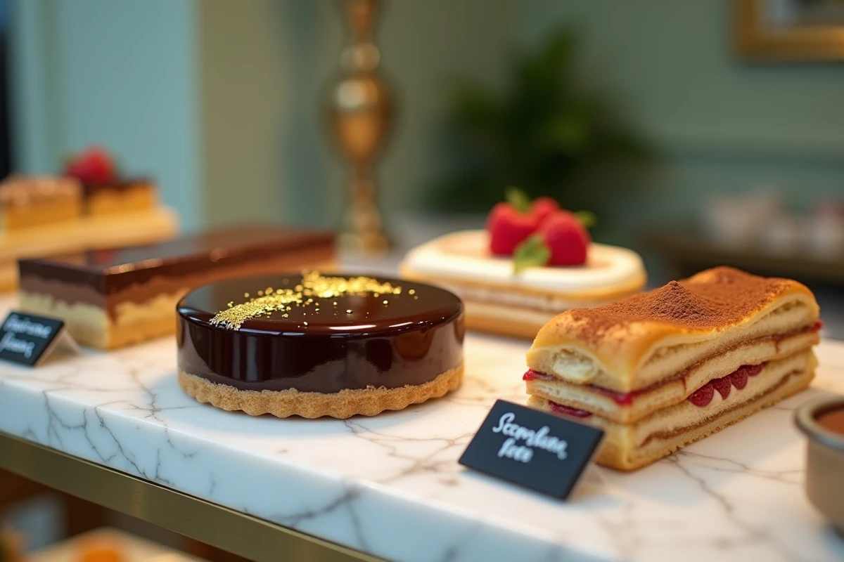 Assortiment de desserts artisanaux dans une pâtisserie française, tarte au chocolat brillante, mille-feuille à la framboise et pot de crème sur comptoir en marbre