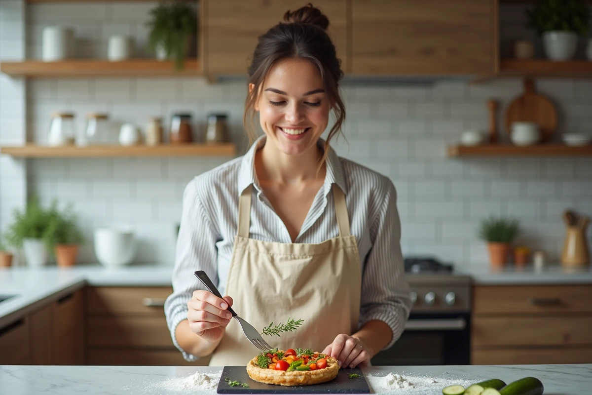 Femme préparant une tarte aux légumes colorée dans une cuisine moderne, tablier en lin, expression concentrée et gourmande