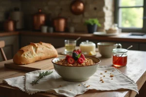Petit-déjeuner gourmand rustique avec granola aux fruits frais, pain sourdough et confiture maison sur une table en bois de cuisine française