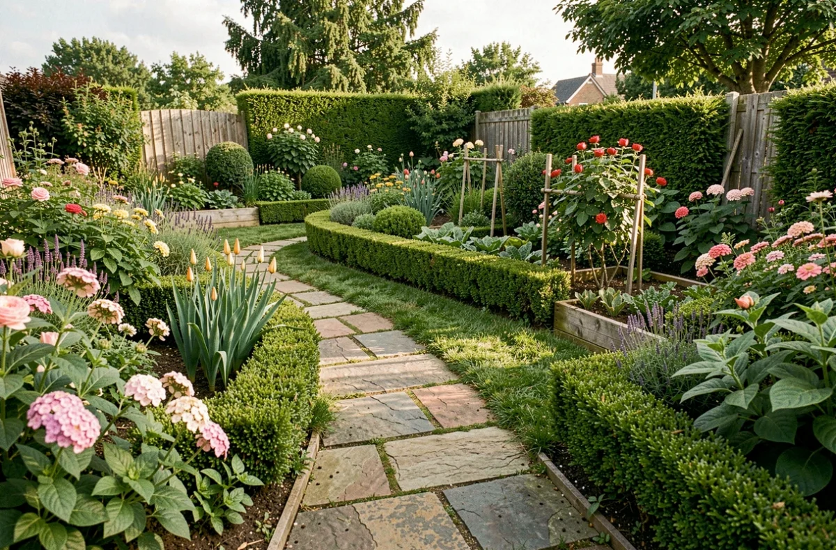 Vue d'ensemble d'un jardin résidentiel bien entretenu avec massifs fleuris, haies taillées, potager et allée en pierre