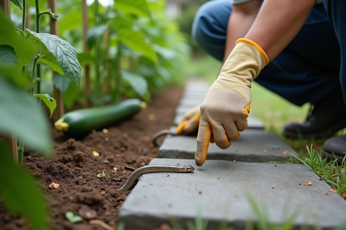 Main gantée d'un jardinier pointant une crotte de couleuvre sur une pierre plate au milieu d'un potager verdoyant