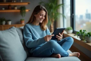 Jeune femme regardant un streaming sur tablette dans un salon cosy