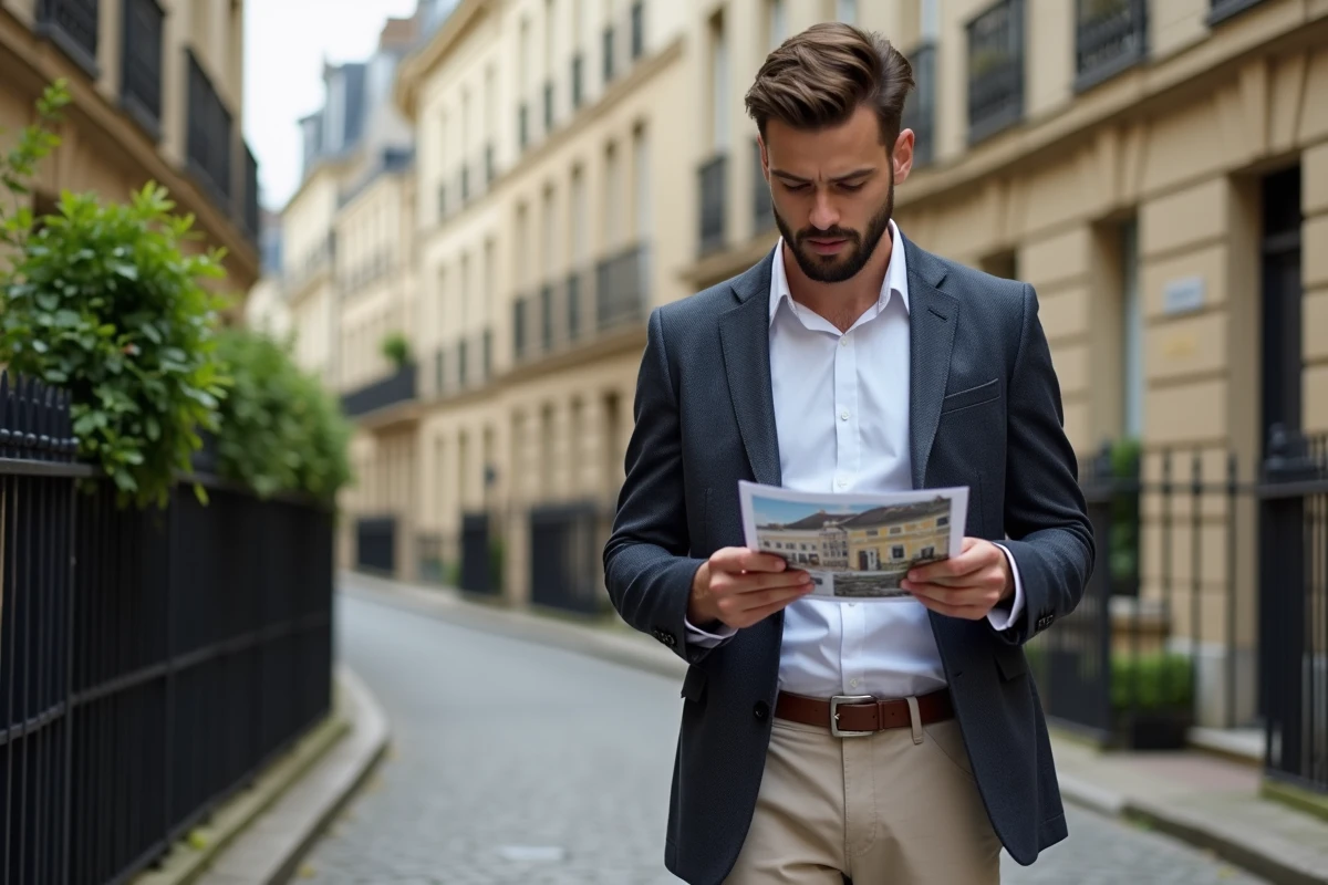Jeune homme regardant une brochure immobilière dans la rue