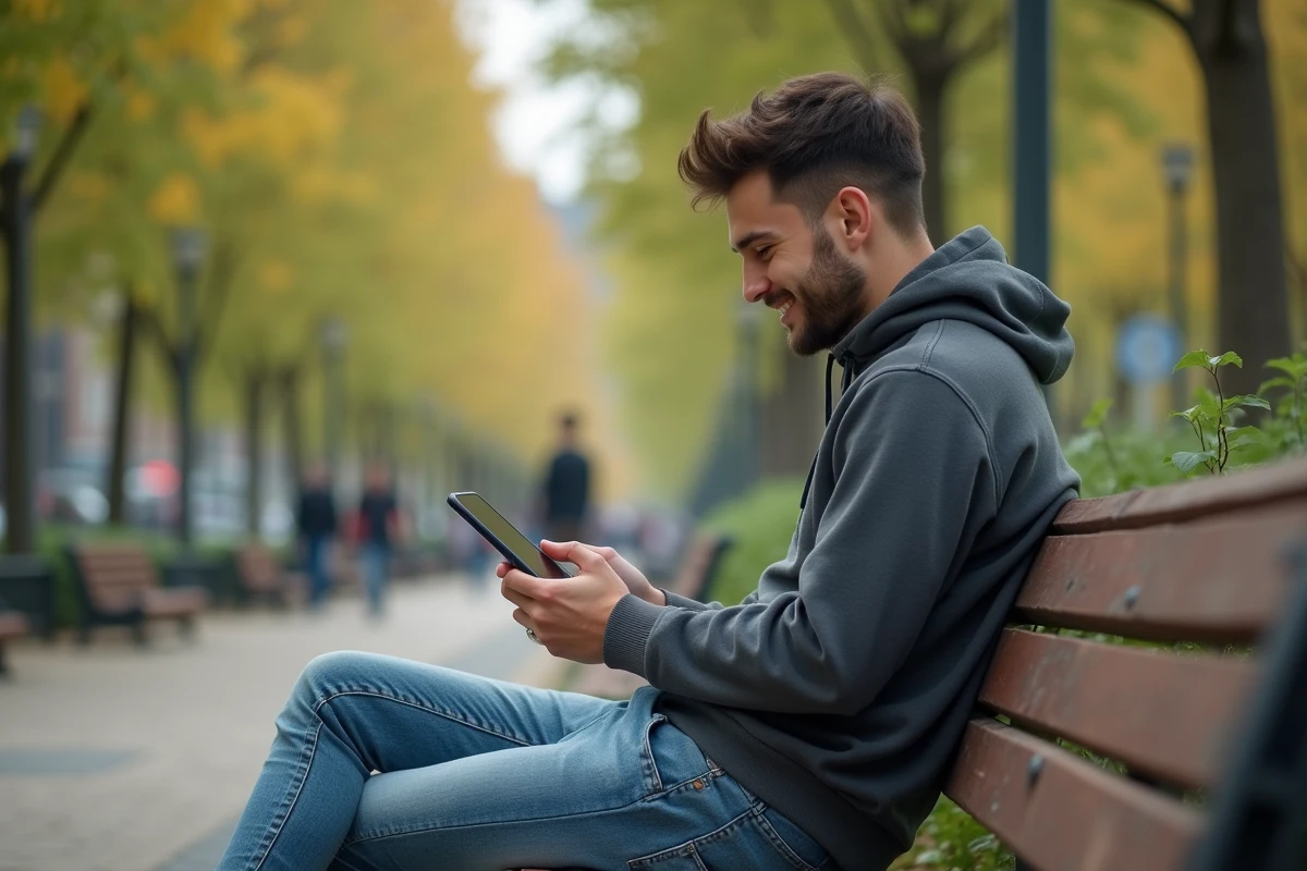 Jeune homme utilisant une application citoyenne dans un parc