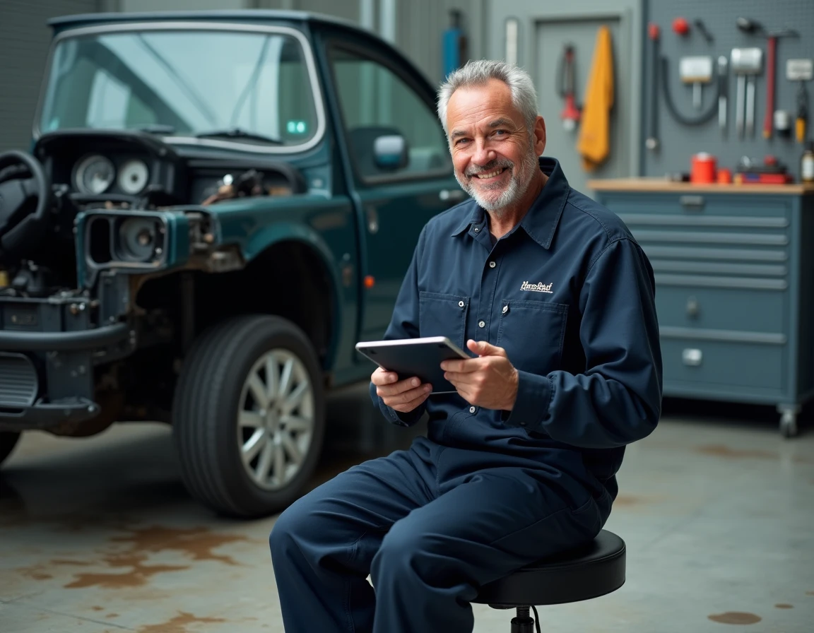 Mécanicien en garage consultant une tablette de diagnostic pour débloquer un autoradio Renault sur tableau de bord démonté