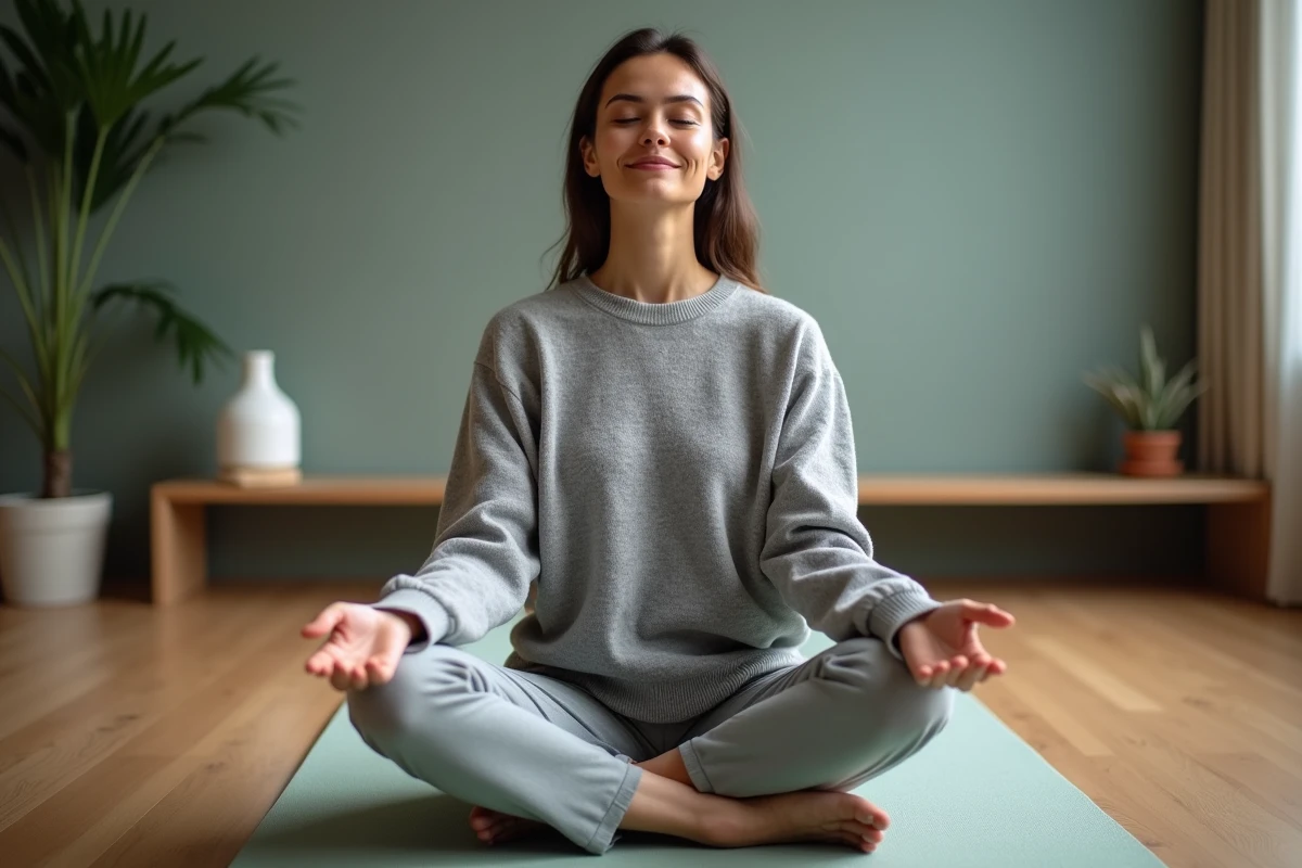 Femme pratiquant la méditation dans un espace bien-être au travail, assise sur un tapis de yoga dans une salle dédiée à la détente en entreprise